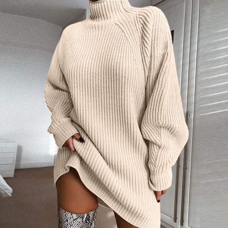 Damenbekleidung Herbst und Winter New Wish Pullover Mittellanges Raglanärmel-Pulloverkleid mit halbem Rollkragen_voghion.com