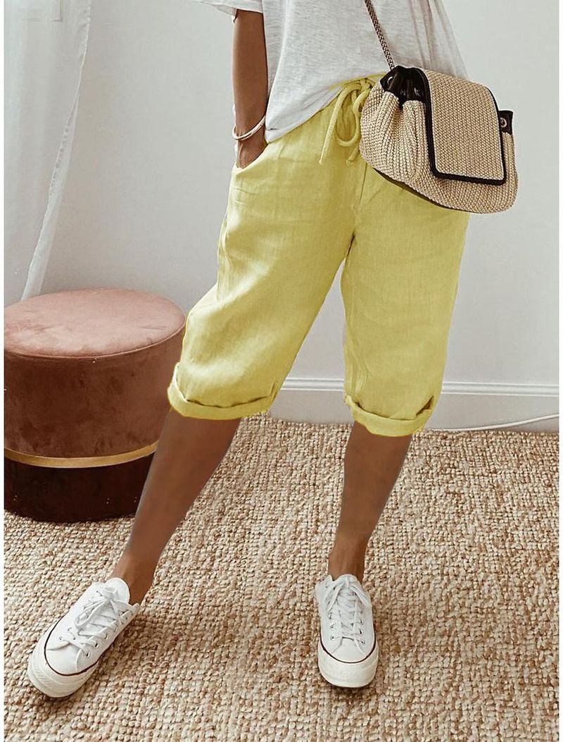 Women's cotton and linen pocket elastic casual pants women's pants quarter pants_voghion.com