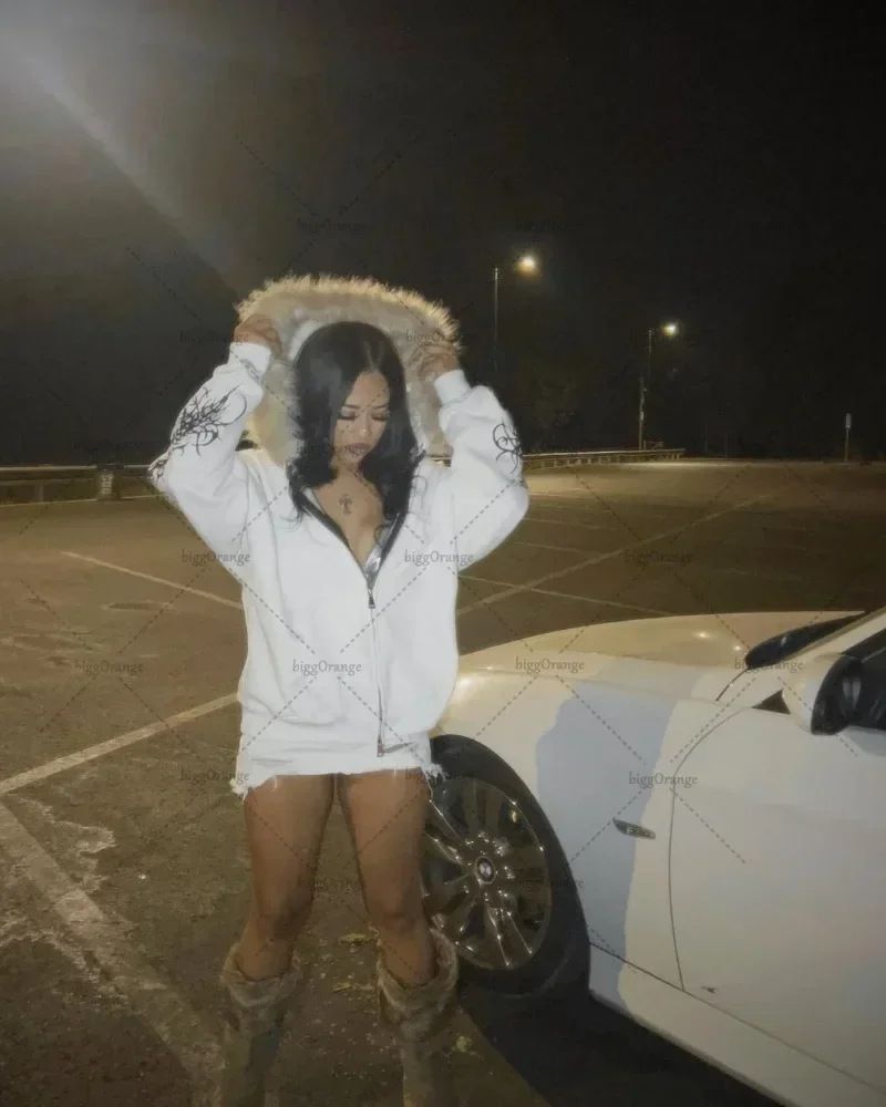 Edgy Print Hooded Cardigan – Oversized Zip-Up Streetwear (Black/White, S-XXXL)_voghion.com