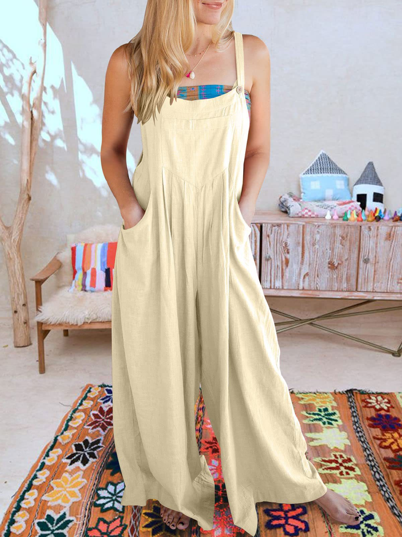 Women's clothing solid color loose casual cotton and linen overalls jumpsuit_voghion.com
