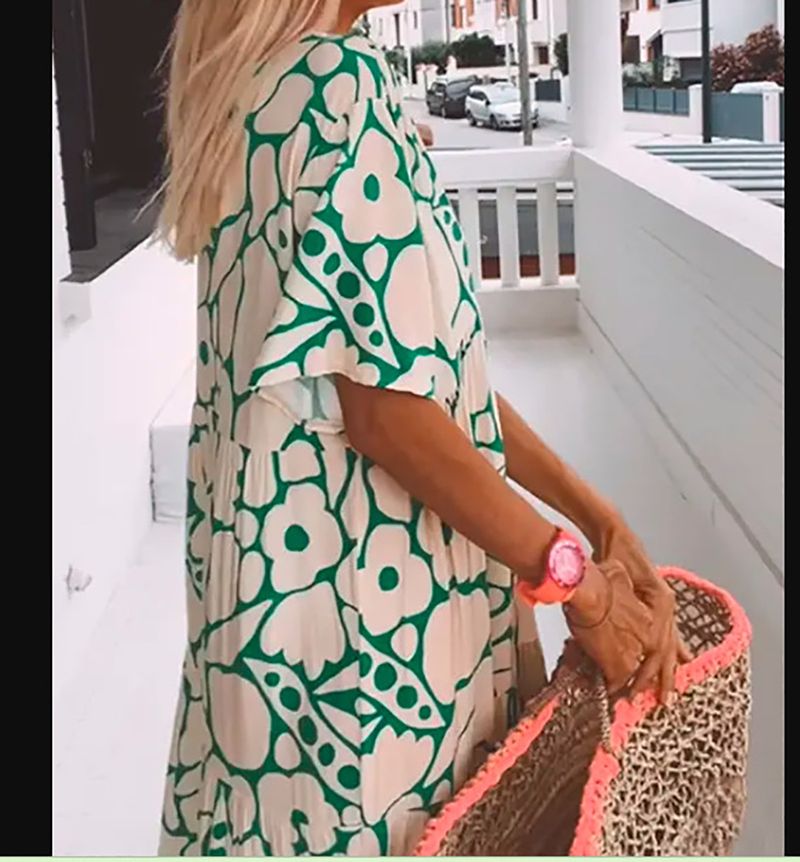 Sommer 2024 Neues bedrucktes, kurzärmeliges, langes Kleid mit V-Ausschnitt für Damen_voghion.com
