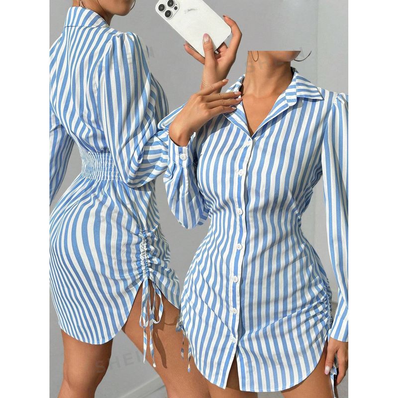 Camicia a maniche lunghe con coulisse laterale a righe da donna – Blusa casual primaverile-estiva con maniche a sbuffo e fiocco, top in poliestere slim fit_voghion.com