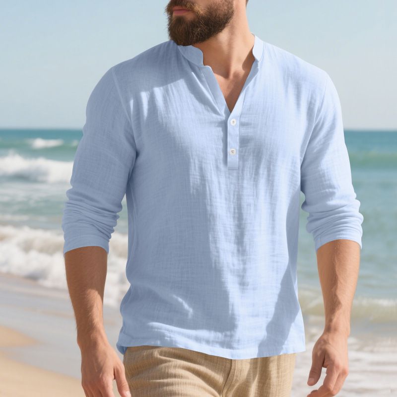 Maglietta a maniche lunghe con scollo a V in lino traspirante per uomo - Vestibilità rilassata, comfort casual, essenziale per l'estate_voghion.com