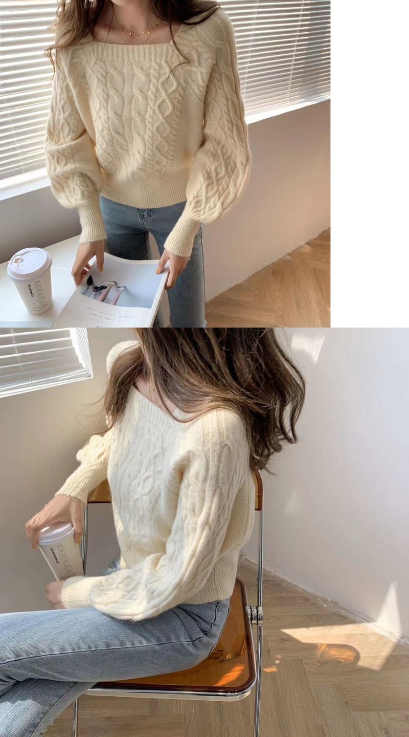 Pullover mit quadratischem Ausschnitt für Damen, Retro, verdickter Twist, Herbst und Winter, koreanischer Stil, lockere Außenbekleidung, enge Taille, schlanker Pullover_voghion.com