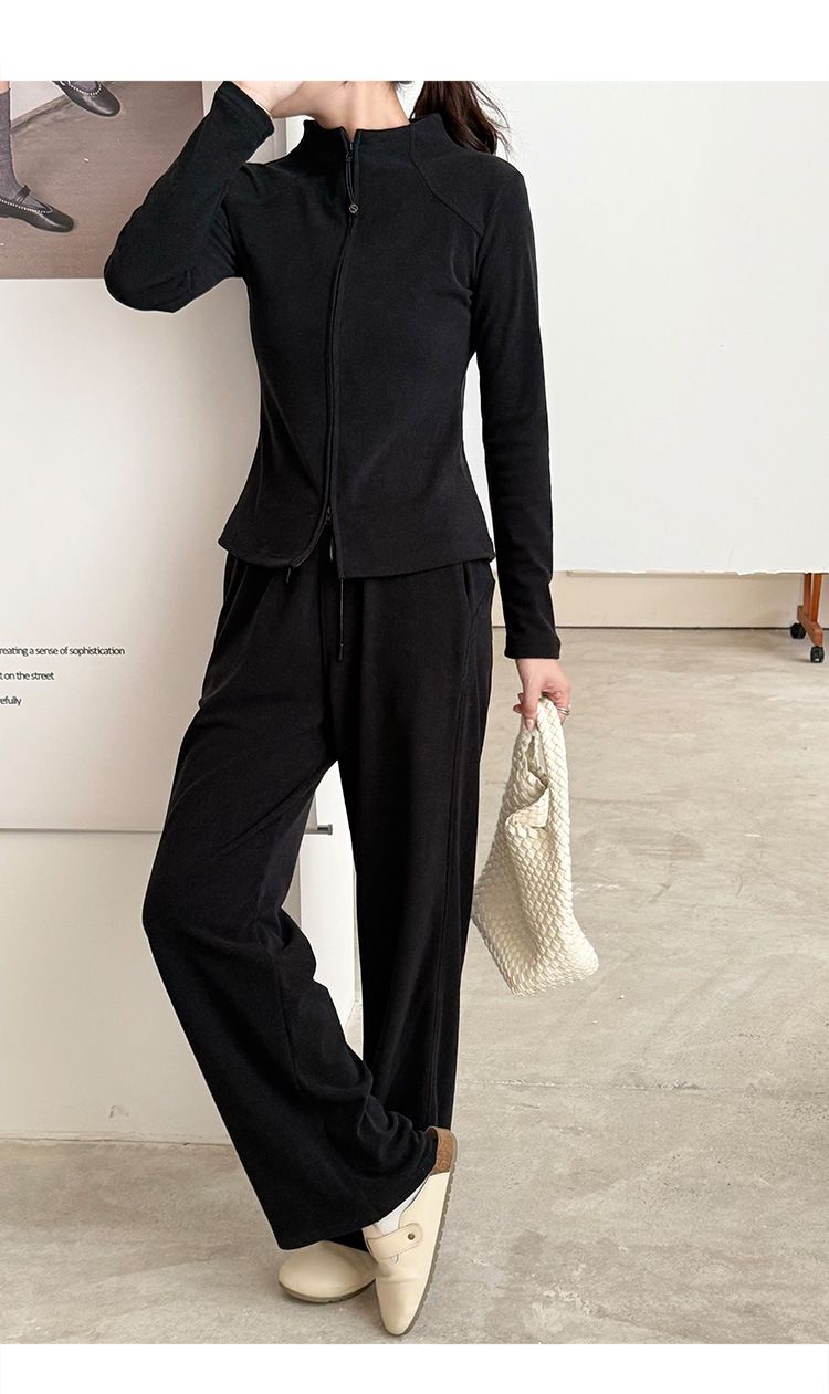 2025 Early Autumn Women's Tea Series High-End Slimming Two-Way Zipper Sweatshirt Wide-Leg Pants Sports Casual Two-Piece_voghion.com