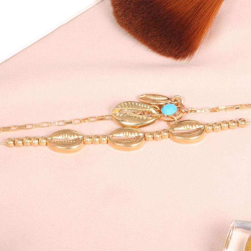 Sommerlicher Bohemian-Stil, handgefertigte Perlen-Metallschale mit personalisiertem doppellagigem Strand-Fußkettchen_voghion.com