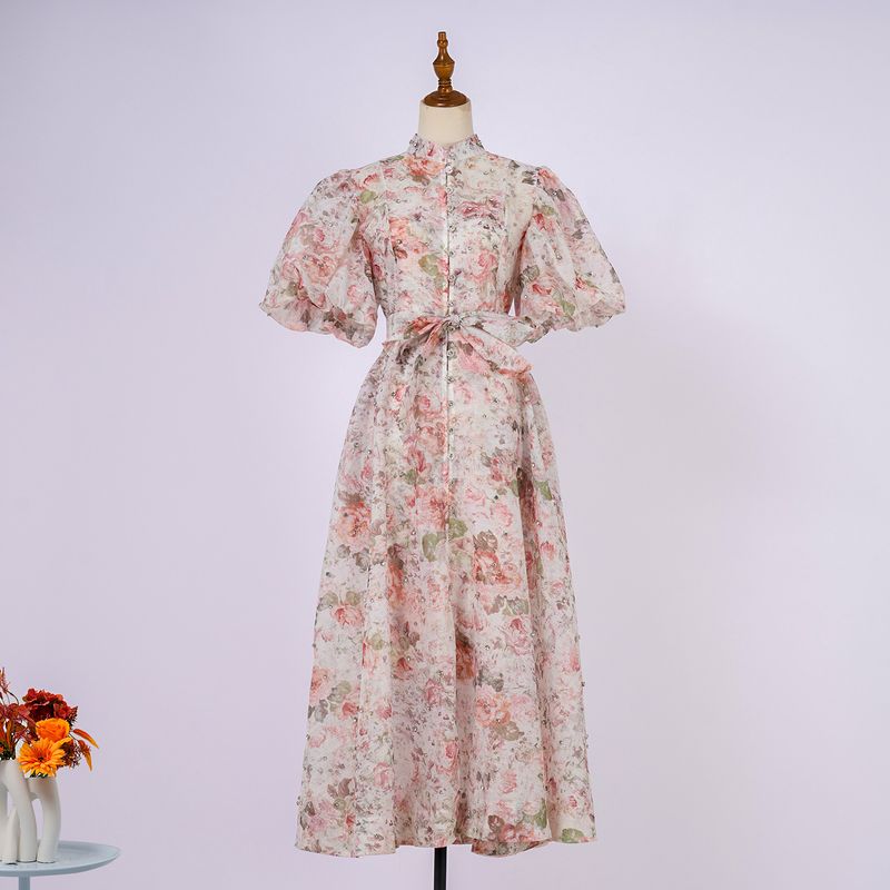 Robe à simple boutonnage, manches courtes, style palais d'été, design haut de gamme, résistante, clou diamant_voghion.com