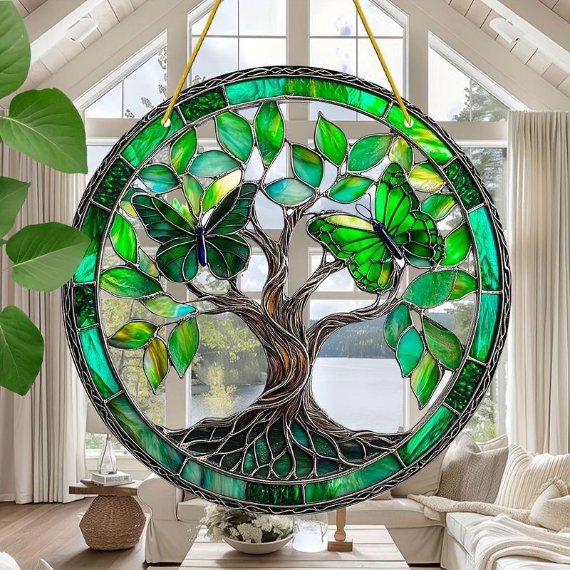Smaragdgrüner Schmetterlingsbaum des Lebens – 20 cm spirituelle Acrylkunst. Ruhige Dekoration für Meditationsräume oder achtsame Geschenke._voghion.com