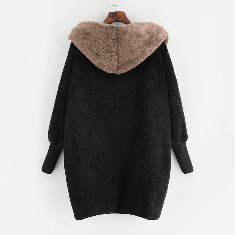 Damjacka med färgblockad lös cardigan med luva i sammet_voghion.com
