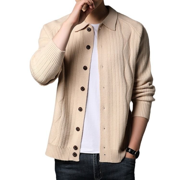 Thick knitted cardigan jacket autumn and winter jacquard casual fashion sweater, lapel top for men, trendy dad outfit_voghion.com