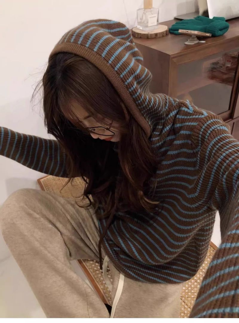 【 Cashmere Family】 Felpa con cappuccio a righe corta e larga in lana da donna con interno spesso lavorato a maglia_voghion.com