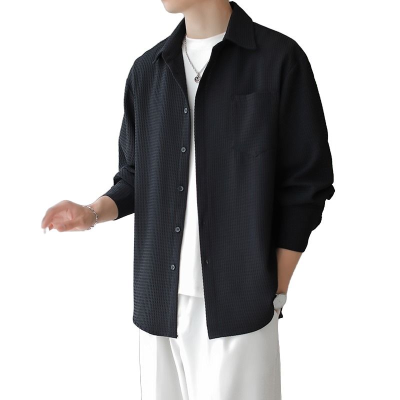 Abbigliamento da uomo a maniche lunghe in seta ghiacciata casual, camicia nera da uomo a maniche lunghe in seta ghiacciata pesante, vestibilità slim, casual, per primavera e autunno_voghion.com