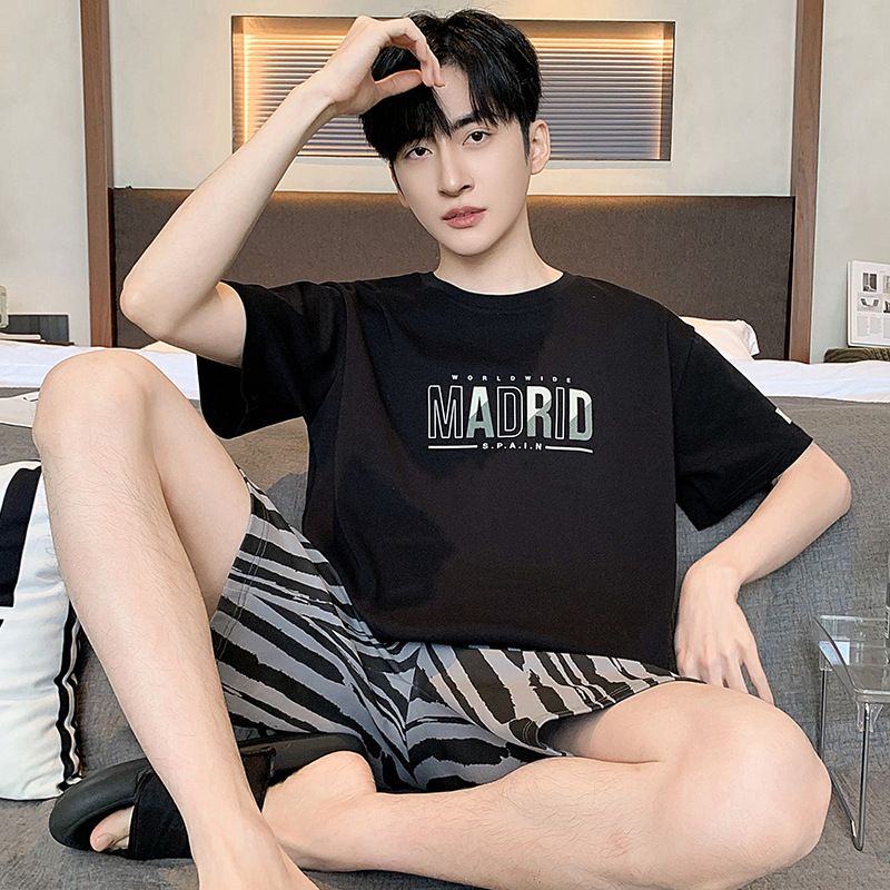 Men's summer sleepwear, pure cotton thin short sleeved shorts, Korean loose fit set, teenagers' simple casual home wear_voghion.com
