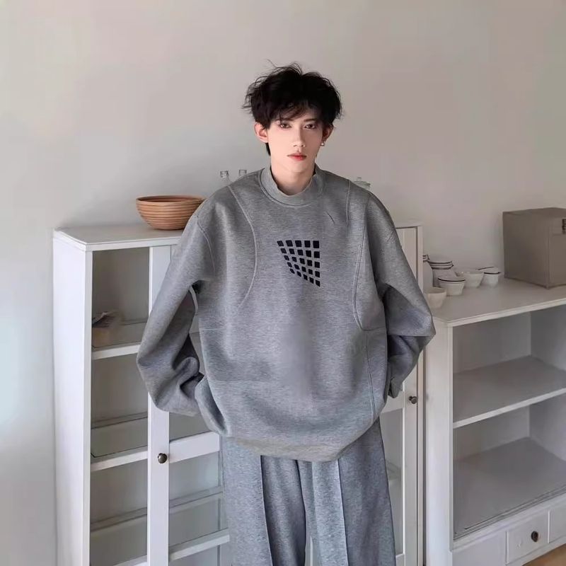 Grauer Rundhals-Hoodie für Herren im Frühling und Herbst, neue High-End-High-Street-Retro-Langarm-Innenjacke_voghion.com