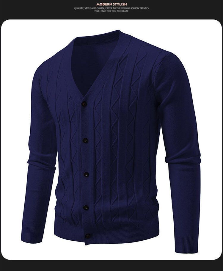 Lässiger Herren-Strickpullover – Vintage-Zopfmuster, lockere Passform, V-Ausschnitt, lange Ärmel, offene Vorderseite (maschinenwaschbar) –_voghion.com