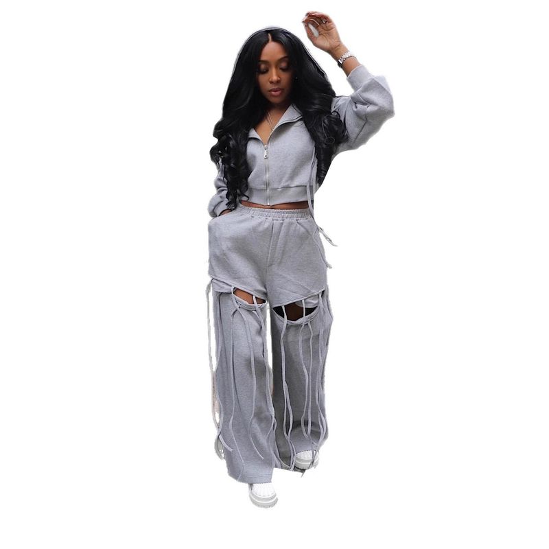 Women's Hooded Zip-Up Sweatshirt & Wide-Leg Pants Set - Edgy Distressed Two-Piece Outfit For Casual & Commute_voghion.com