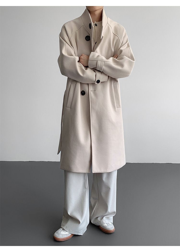 Gabardina de mezcla de lana con cuello alto para hombre: abrigo largo entallado, chaqueta de invierno de botonadura sencilla (negro/albaricoque, M-5XL)_voghion.com