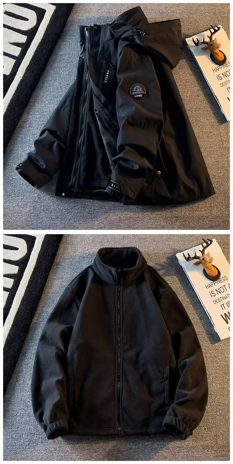 „Herren 3-in-1 abnehmbare Winterjacke mit Fleecefutter, schwerer wasserabweisender Kapuzenmantel für Wanderungen und Outdoor-Abenteuer (Schwarz/Grau)“_voghion.com