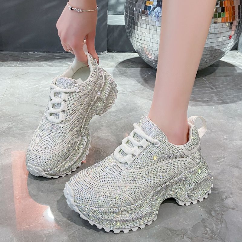 Modische Damen-Sneaker mit Strasssteinen – klobige Plateauschuhe für mehr Körpergröße, atmungsaktives Obermaterial aus PU, lässige und trendige Low-Top-Schnürschuhe_voghion.com