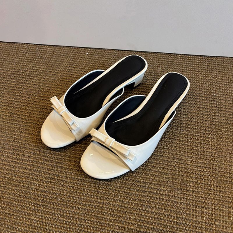Sandalias francesas de charol con lazo negro para mujer, versátiles, sencillas, de tacón bajo, informales, con punta abierta y sin cordones._voghion.com