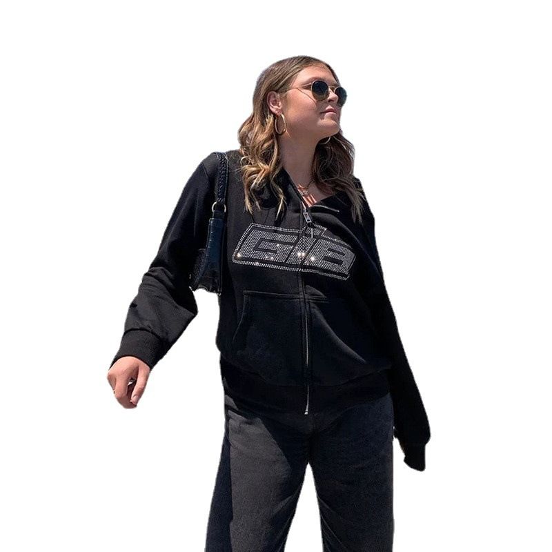 Felpa con cappuccio e cerniera nera da donna, con teschio e farfalla, stile street hip hop, con toppa in osso di ragno e strass, giacca Y2K_voghion.com