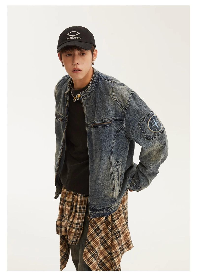 Herrenbekleidung Retro Washed Distressed Jeansjacke Coole lockere lässige Reißverschlussjacke Tops_voghion.com