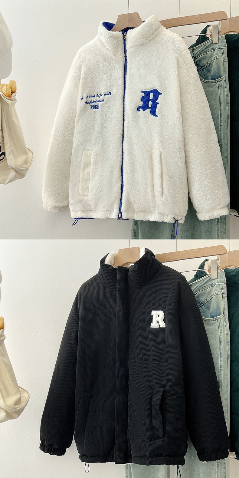 Doppelseitige Daunenjacke für Paare, Baumwolljacke mit Designgefühl für Damen, koreanische Version aus loser Lammwolle mit dickem Vlies,_voghion.com