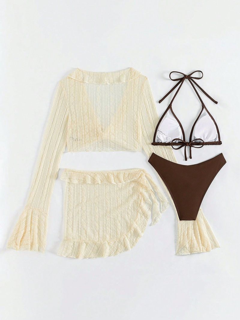 Costume da bagno da spiaggia, bikini, copricostume a maniche lunghe in rete da donna, set da quattro pezzi da donna_voghion.com
