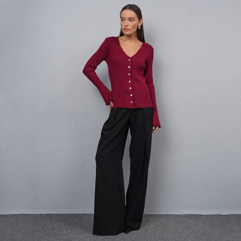 Strickjacke mit V-Ausschnitt und Knopfleiste – Rippenstrickpullover mit offener Kante und Glockenärmeln (S–L, Khaki/Grau/Schwarz/Rot)_voghion.com