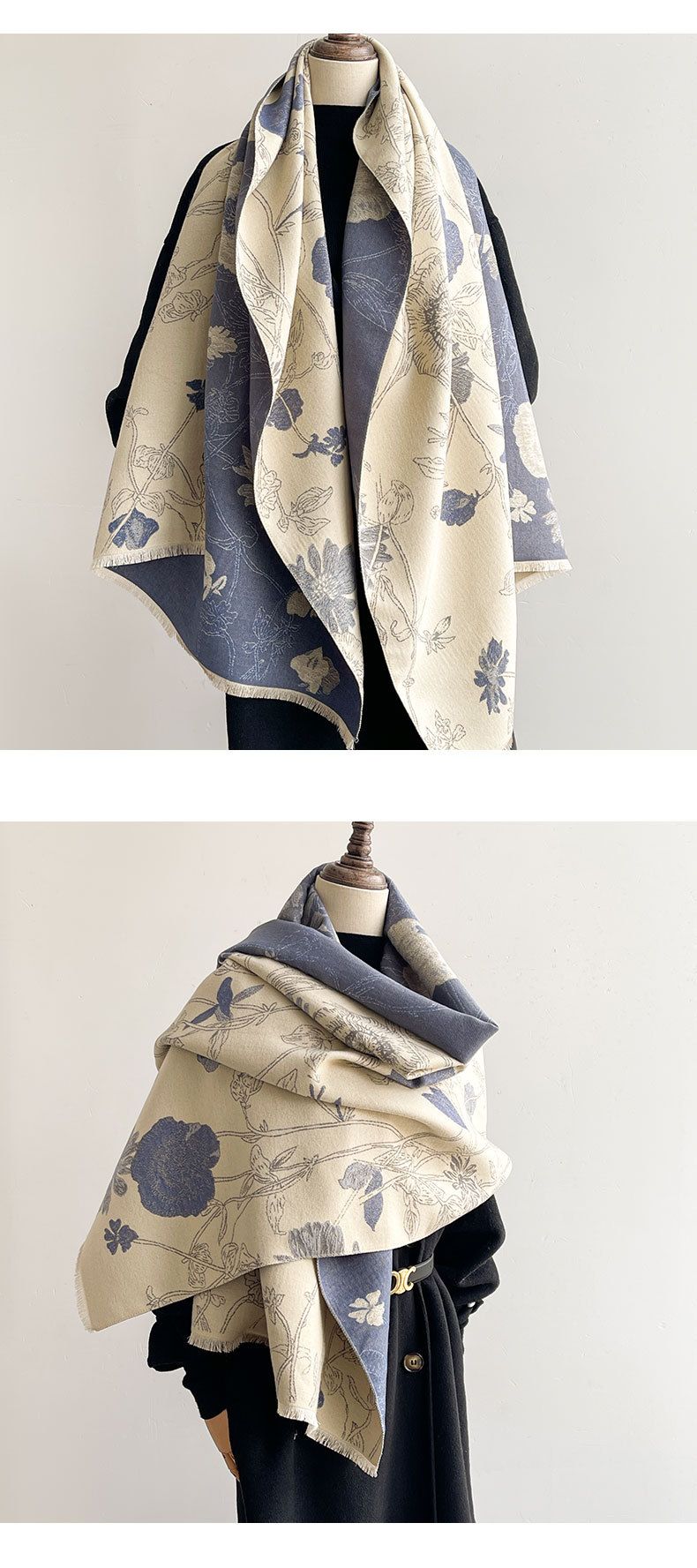 Dwustronny szal z imitacji kaszmiru – zimowy, ciepły, kwiatowy szal dla kobiet i na prezent (w stylu koreańskim, dwustronny, miękki i przytulny)_voghion.com
