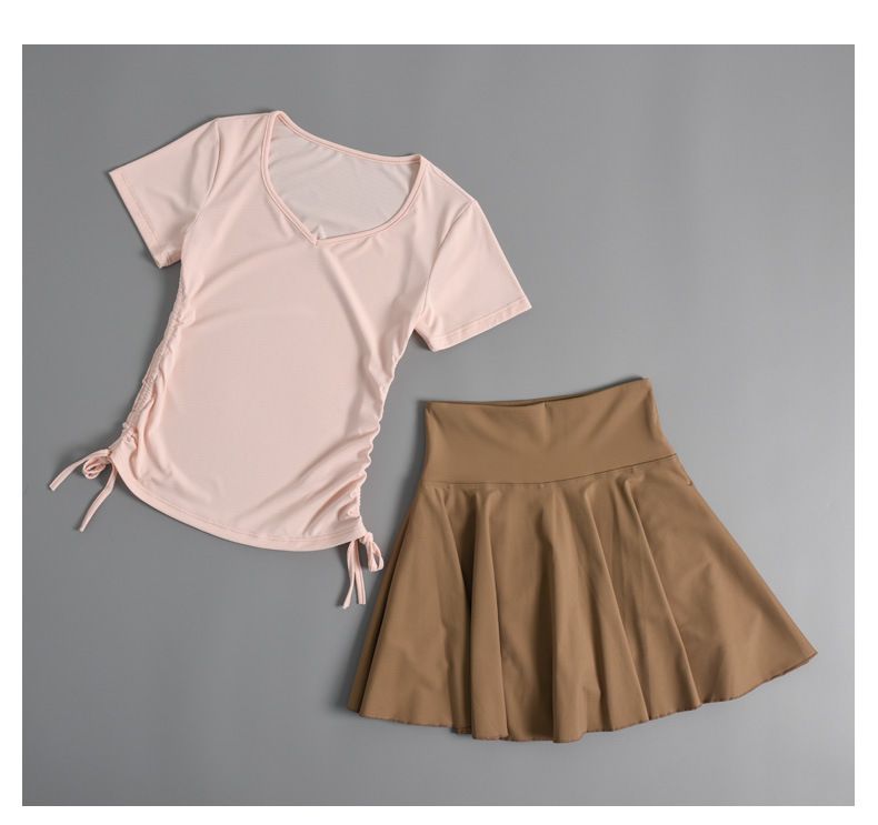 Ropa de yoga, camiseta de manga corta para mujer, top adelgazante con cordón, ropa de entrenamiento de pilates, ropa de fitness, falda plisada_voghion.com