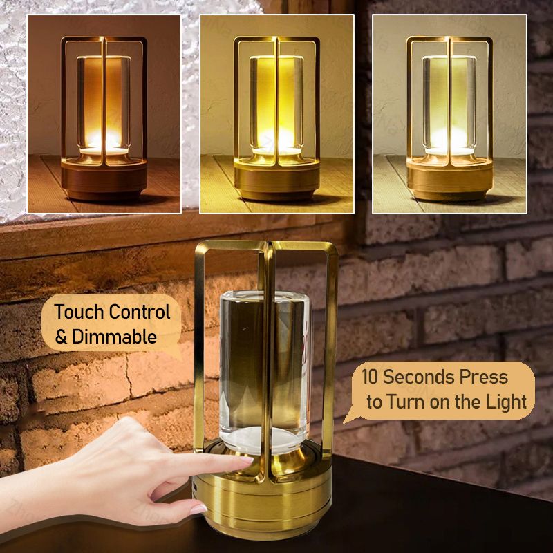 Luminária de mesa LED sem fio, retrô, de metal, recarregável, com controle de toque, luz noturna, para restaurante, quarto, decoração para casa e ambientes externos_voghion.com