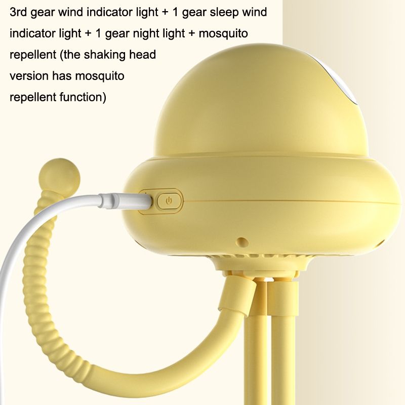 Ventilator für Kinderwagen mit Kopfschütteln, blattloser Oktopus, stumm, tragbarer Mini-Ventilator, normale Version (gelb)_voghion.com