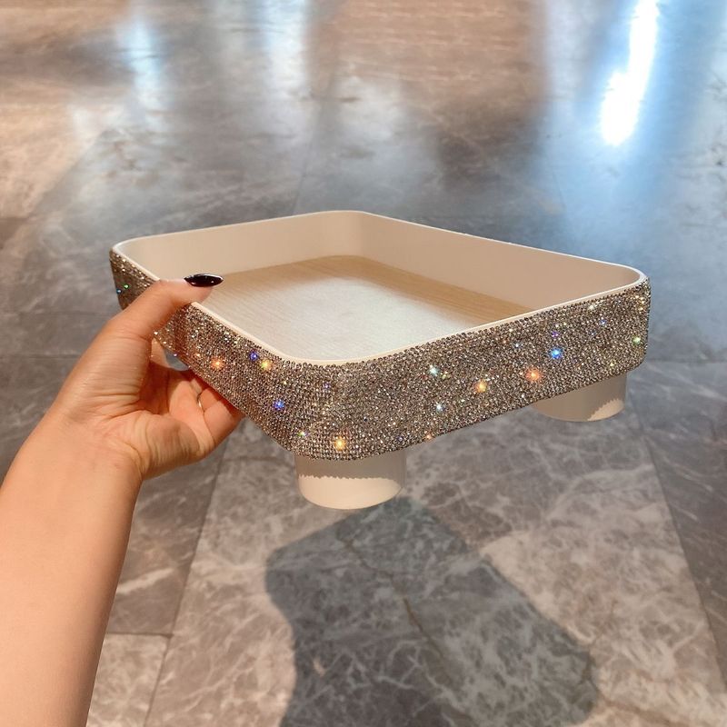 Elegante bandeja organizadora de cosméticos de plástico con capacidad de 18 l, ideal para maquillaje y joyas, ideal para decorar el dormitorio con detalles de diamantes._voghion.com