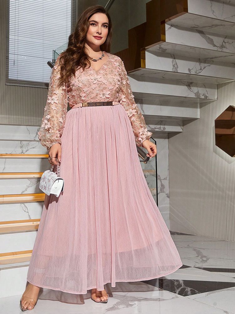 Damen-Maxikleid aus Chiffon mit V-Ausschnitt und Blumenstickerei in Übergröße – A-Linie, hohe Taille, formelles Brautjungfernkleid mit Laternenärmeln (Hellrosa)_voghion.com