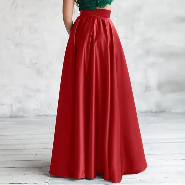 Gonna midi elegante in raso a vita alta – Gonna lunga fluida a trapezio con spacco (S-5XL, rosa rosa/verde reale/rosso classico, misto poliestere-spandex)_voghion.com