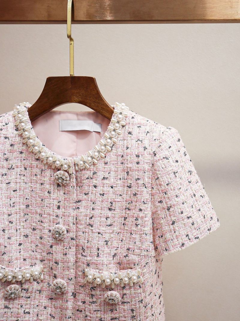 Set jachetă cu mărgele și fustă cu crăpături SP pentru femei - Ținută dulce de primăvară, costum elegant din două piese_voghion.com