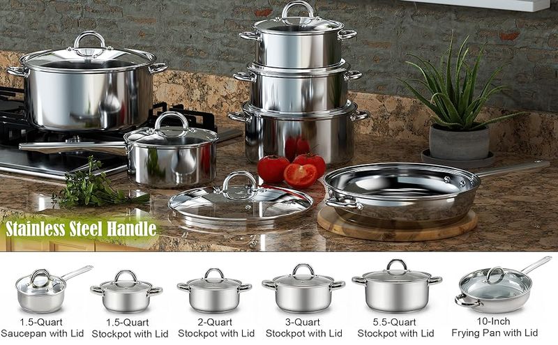 Kompleti kuhinjske posode Cook N Home, 12-delni osnovni lonci in ponve iz nerjavečega jekla, srebrni_voghion.com