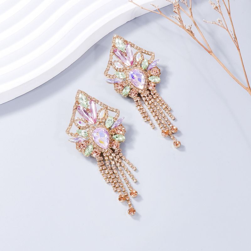 Exaggerated heavy earrings retro personality geometric earrings full of diamond tassel light luxury style earrings female accessories_voghion.com