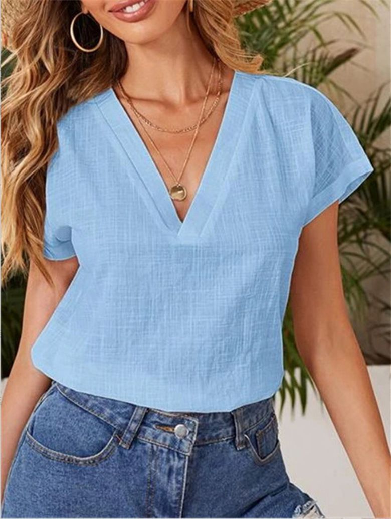Roupas femininas Nova cor sólida algodão e linho solto manga curta gola V camisa de manga curta_voghion.com