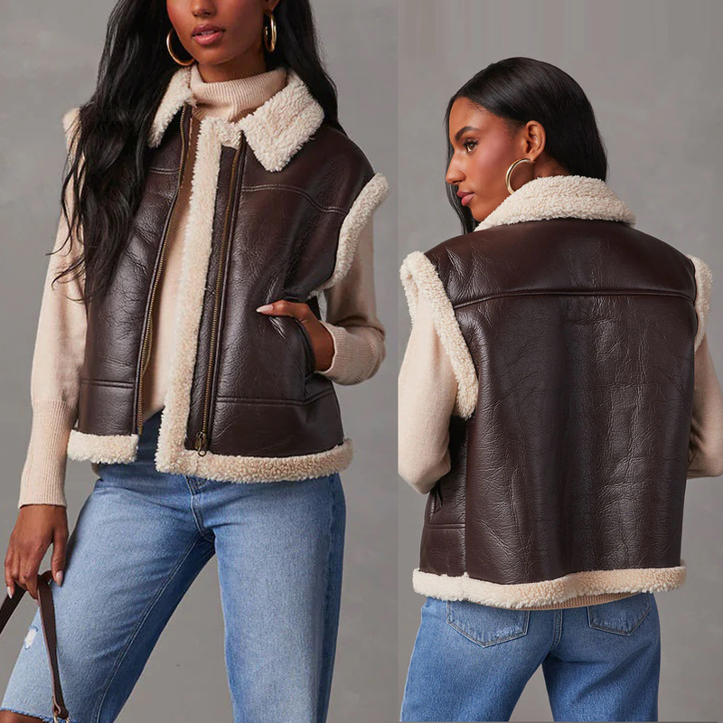 Women's retro vest coat lamb wool stitching coat autumn and winter_voghion.com
