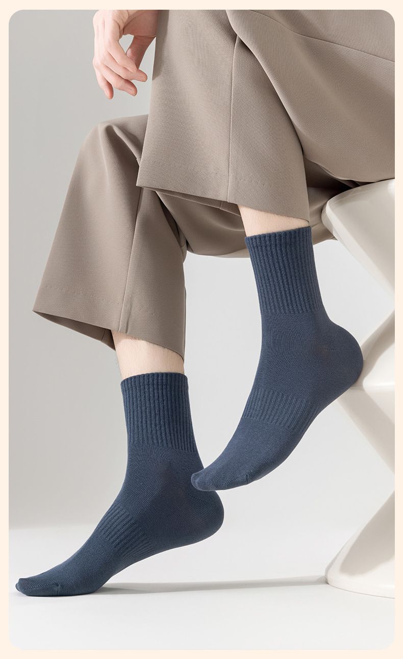 Chaussettes en pur coton printemps-été, fines, antibactériennes et déodorantes, mi-hautes pour hommes et femmes, noir, blanc et gris_voghion.com