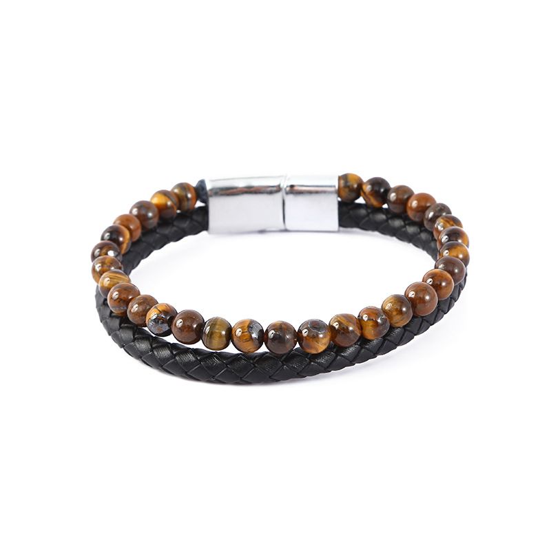Bracciale da uomo con perline e chiusura magnetica in pelle con pietra occhio di tigre_voghion.com