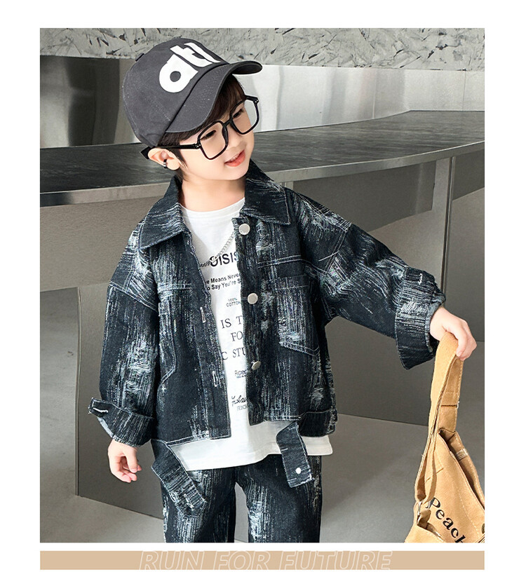 Schönes zweiteiliges Jungen-Set aus gebrochenem Loch-Jacquard-Denim für Frühling und Herbst für Mittel- und Klein_voghion.com