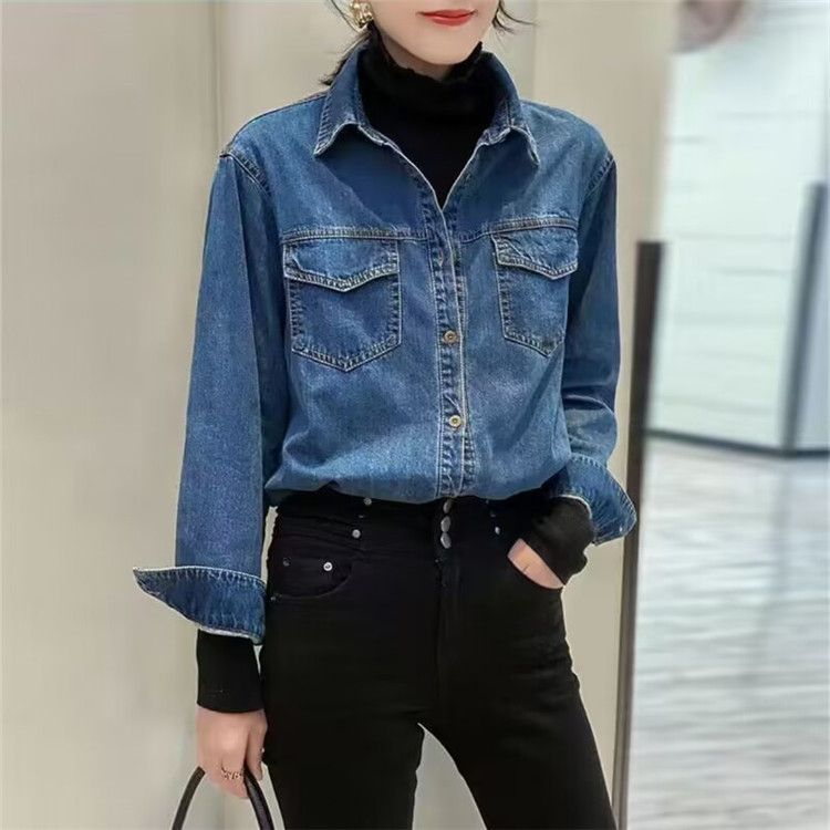 Vintage Jeanshemd im Hong Kong-Stil für Damen – Retro-blaues Oversized-Button-Down-Shirt mit klassischem Kragen, Freizeit- und Bürokleidung_voghion.com