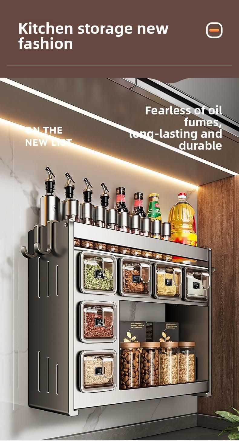 Home Kitchen Spice Rack Multi-Functional No-Drill Wall-Mounted Seasoning Storage Box_voghion.com