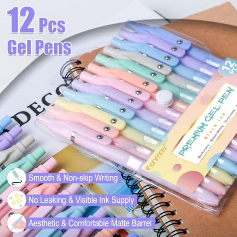 Gel Pens 12 Pcs 0.5mm Fine Point Aesthetic Quick Dry No Smudge Smooth Writing Comfortable Grip Cute Black Ink For Journaling Sc_voghion.com