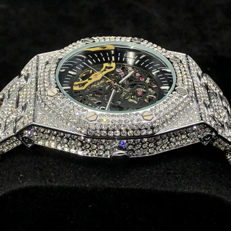 Dropshipping Diamond Watch For Men Gold Ice Out Automatic Watches Hiphop Bling Shiny Skeleton Mechanical Brand Clock_voghion.com