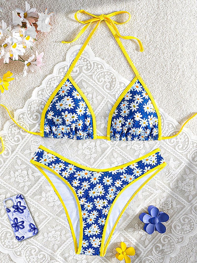 2026 Bikini New Women's European And American Style Small Daisy Print Color Block Trim High-End Set Cross-Border_voghion.com