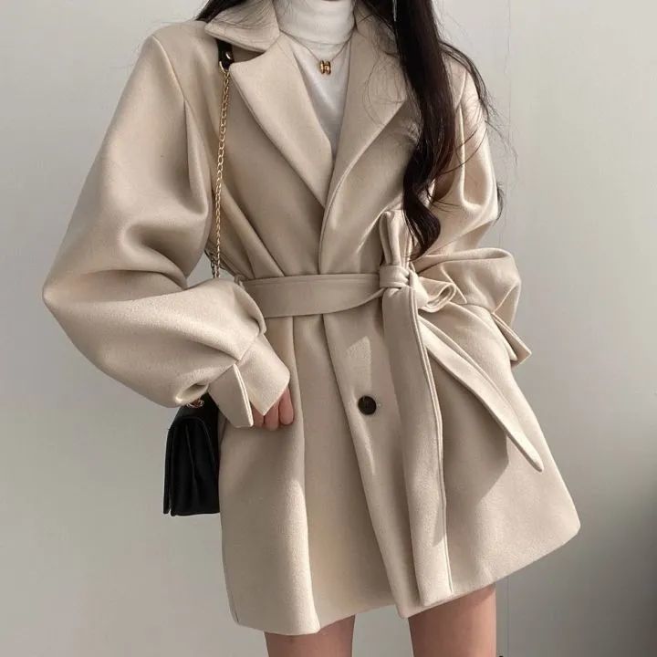 Women's Chic Oversized Wool Coat With Notched Lapel - Mid-Length Trench Coat For Petite & Tall - Fall Winter Fashion Blazer Jacket In Black & Beige_voghion.com